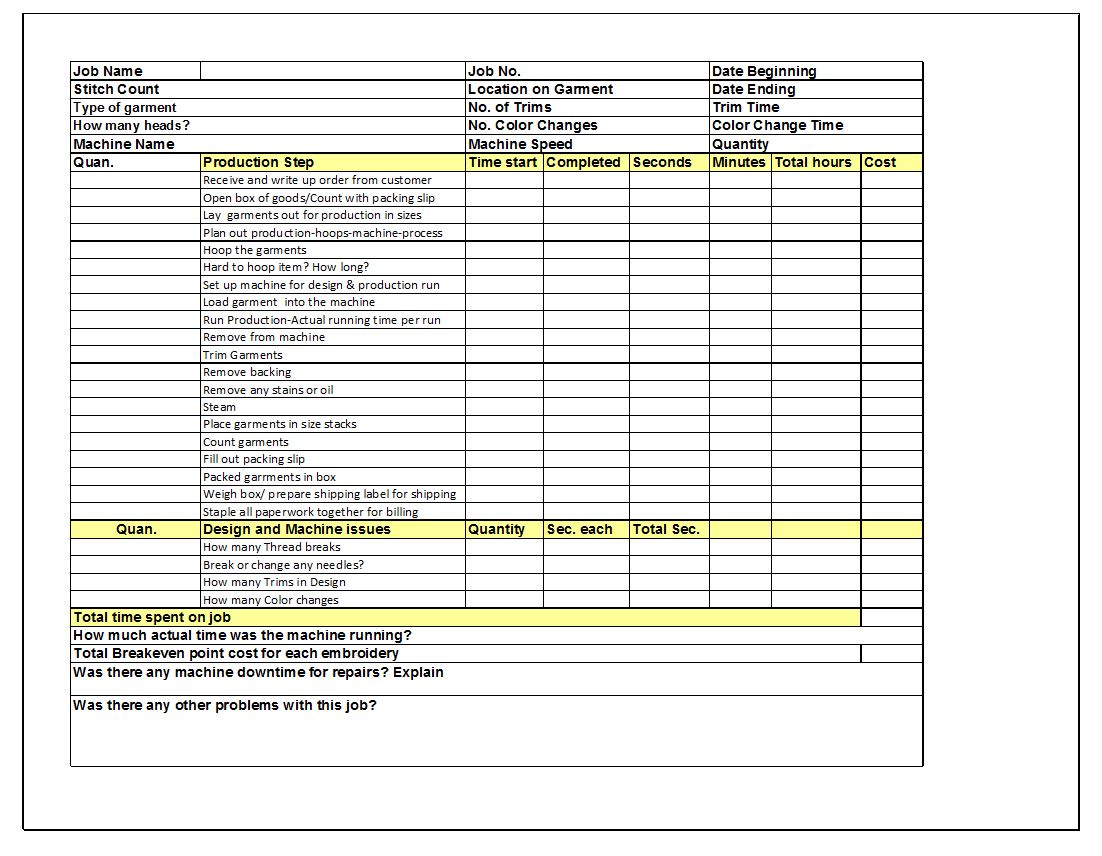 Production Timing Form