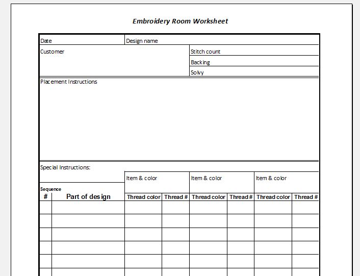 Embroidery Room Worksheet